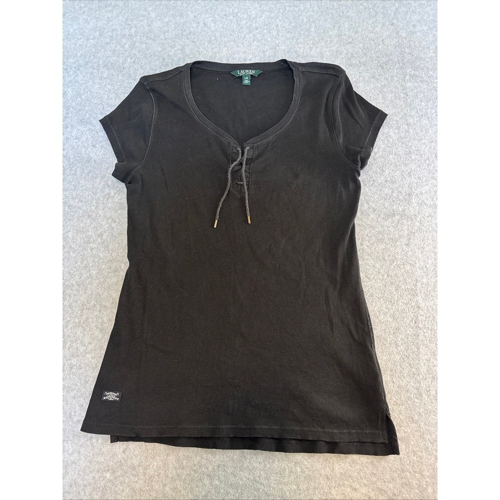 Lauren Ralph Lauren Women's Black Ribbed Knit Lace Up Front Short Sleeve Top L